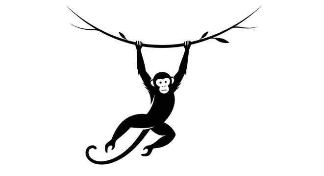 Monkey hanging from tree branch, black silhouette, primate icon, wildlife symbol, vector illustration