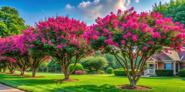 Vibrant crape myrtle trees display lush blooming flowers against a serene green lawn, nestled in a peaceful neighborhood setting , neighborhood, floral arrangement