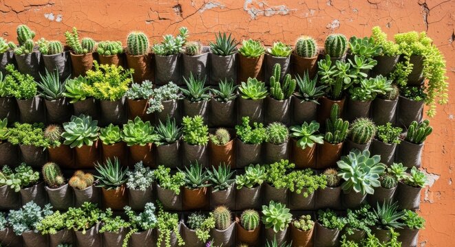 Densely Packed Wall of Vibrant Green Succulent Plants in Terra Cotta Pots