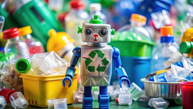 A small robot made from recycled plastic material is shown in a bright and colorful environment with other recyclable items around it, environmentalism, technology