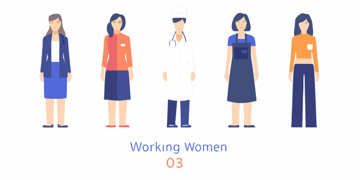 vector illustration of five women in various professions flat style