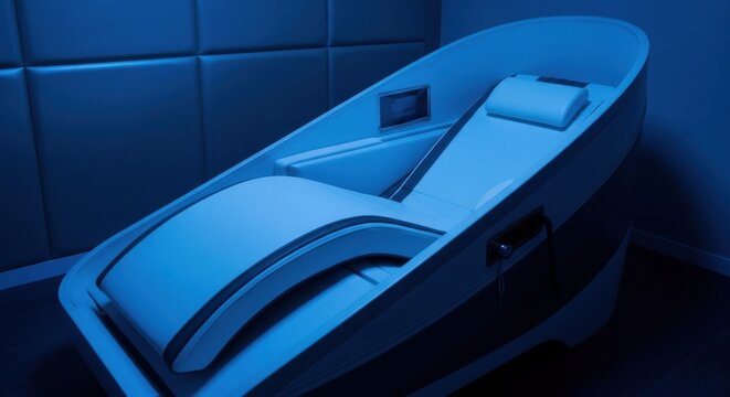 Futuristic zero gravity relaxation pod with enveloping contoured cushioning and ambient blue lighting