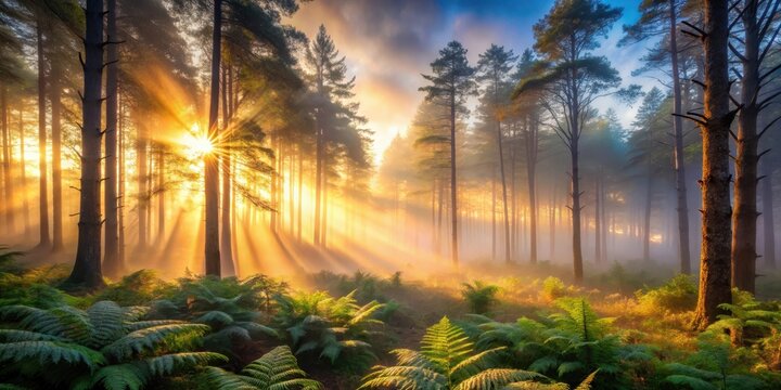 A dramatic sunrise breaks through thick clouds of fog, casting an ethereal glow over a serene forest, with mist swirling around ancient tree trunks and ferns , wilderness, outdoor