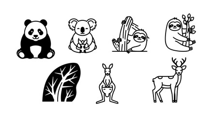 Fototapeta premium Black and white animal illustrations panda koala sloth kangaroo deer vector set