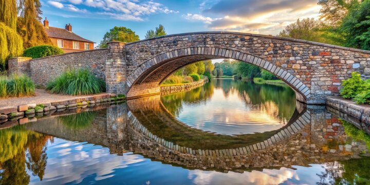 A serene pedestrian crossing over a small bridge made of stones and bricks in Norwich, England, with a tranquil pond reflecting the sky's soft hues , pedestrian bridge, norwich