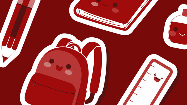 School supplies feature a red backpack and pencil in a sticker design.