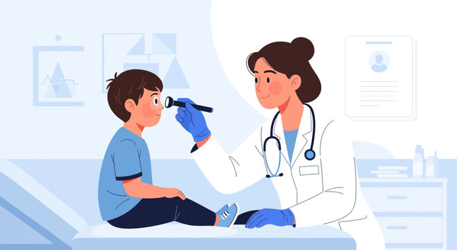 Pediatrician examines child's eye with ophthalmoscope in clinic, healthcare concept