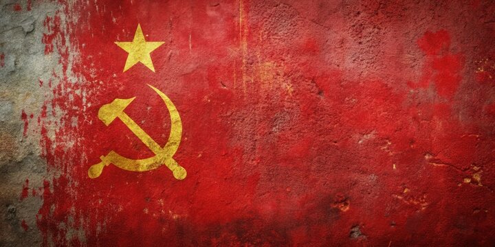 Close-up of dirty USSR flag on metal surface, national emblem, communist symbols,  national emblem