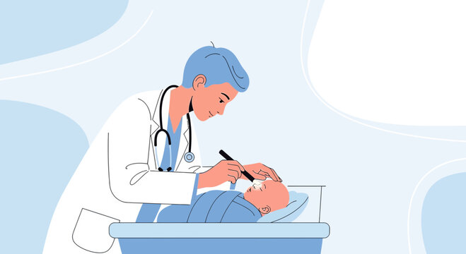 Pediatrician examines newborn baby's eyes with ophthalmoscope in clinic, healthcare concept