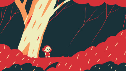Girl stands alone in a dark forest with large red trees during a rainstorm. © sajida