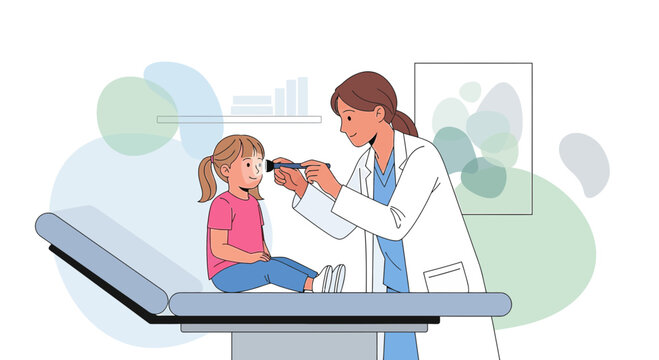 Pediatrician examines young girl's eye with ophthalmoscope during checkup