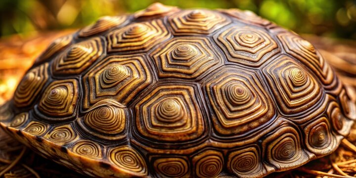 Intricately patterned turtle shell with swirling spirals and mottled brown hues, reptiles, nature