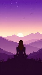 Obraz premium Silhouette of a person meditating atop a hill at sunset, overlooking mountains