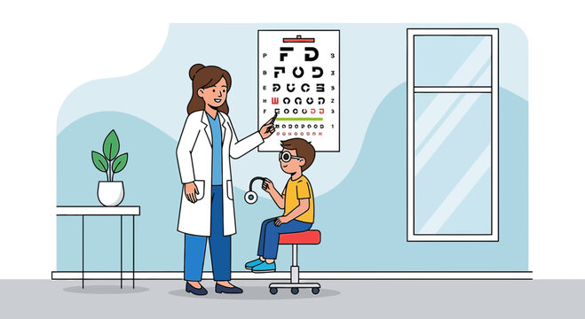 Pediatric Eye Exam: Doctor Checks Child's Vision with Eye Chart and Phoropter