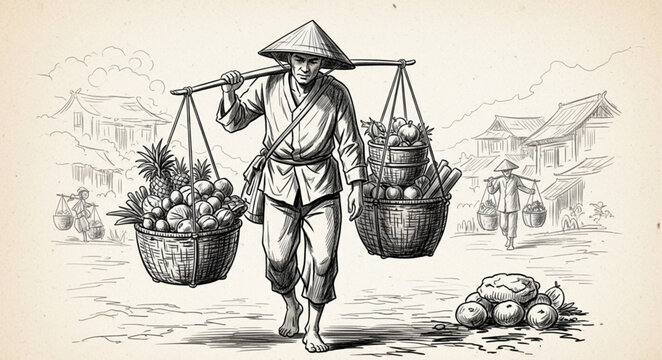 Vintage illustration of a farmer carrying baskets of produce on a shoulder pole.