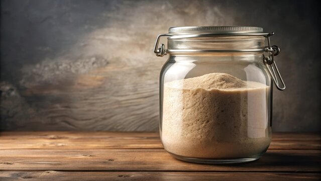 Glass container filled with active yeast leaven for baking bread , jar, culinary,  jar, culinary, cooking