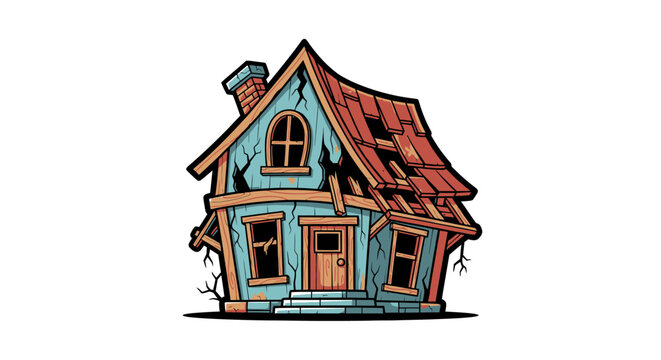 Cartoon illustration of a weathered house with a damaged roof on white