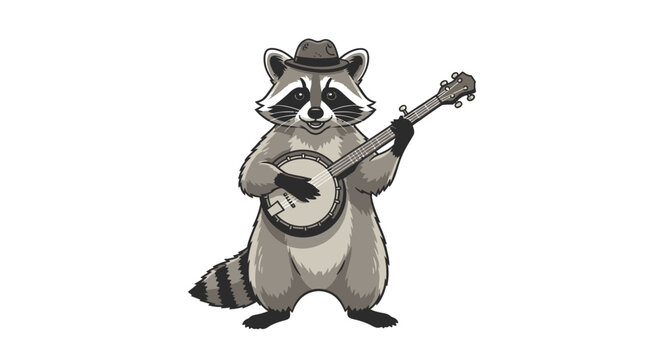 Cartoon raccoon playing banjo instrument isolated on white background