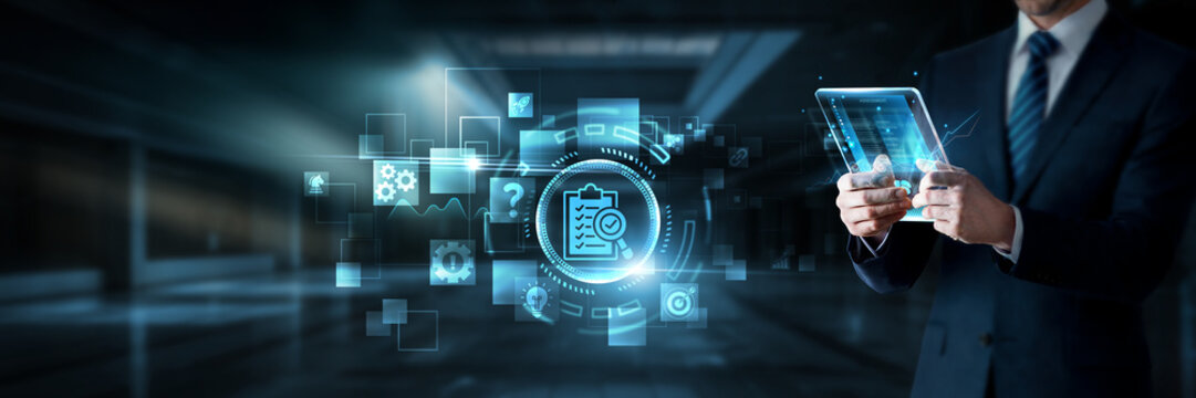 Businessman working on digital screen with assessment tools, data analytics and performance evaluation systems, risk analysis, quality measurement, strategic decision support