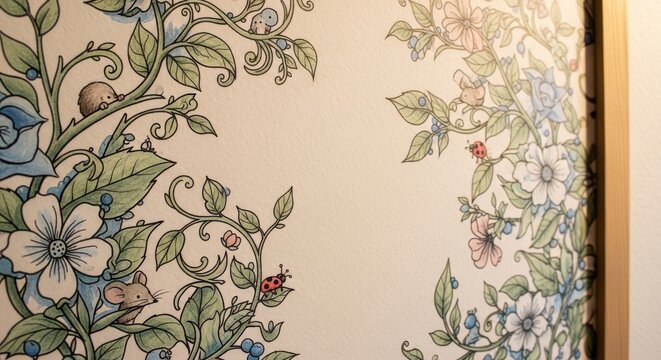 Whimsical hand drawn floral vines with tiny adorable creatures and berries