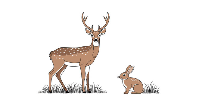 Deer and rabbit illustration animals in nature against white background