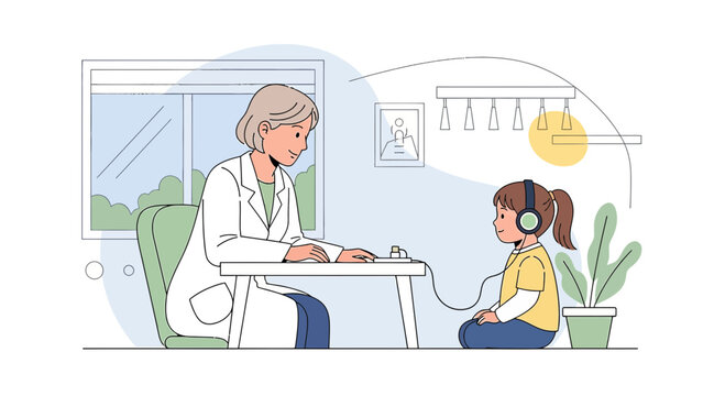 Pediatric Audiologist Tests Child's Hearing with Headphones and Audiometer