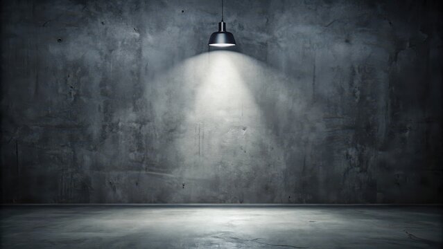 Monochromatic room with a single spotlight casting an eerie glow on a grey wall