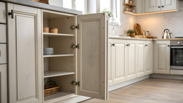 Kitchen cabinet door slightly open showcasing storage and empty space