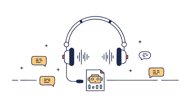 Headphones with a robot avatar represent automated customer support technology.
