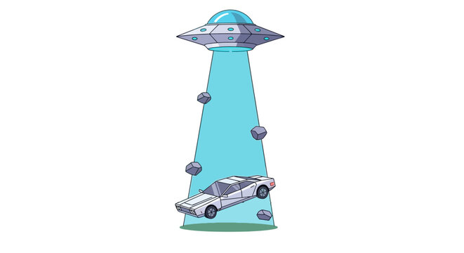 Vibrant illustration of a flying saucer's tractor beam lifting a white car and rocks, depicting an alien abduction scene and an intriguing sci-fi encounter concept