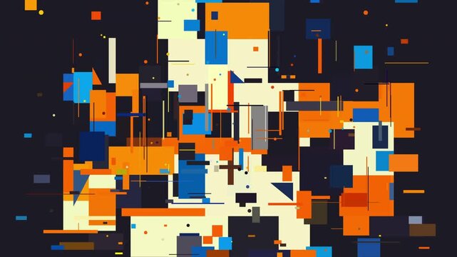 深いネイビーの背景にオレンジと青の幾何学的形状が重なる抽象背景。データ視覚化と現代建築を象徴するテクノロジー・グラフィック