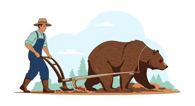 Farmer plowing field with bear conceptual illustration of nature and agriculture
