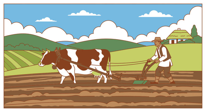 Farmer plowing field with cow illustration depicting agriculture and rural life