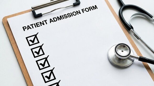 Patient admission form with checklist on clipboard and stethoscope for medical check and online record to diagnose patient in opd