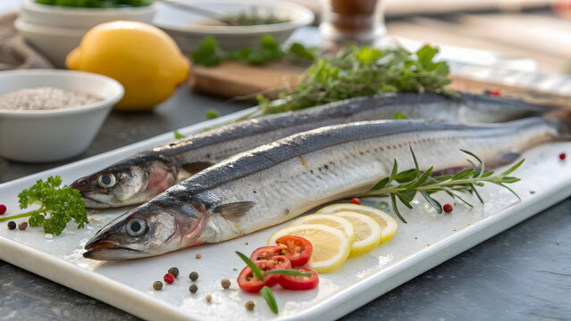 Fresh eels artfully arranged on a white plate with lemon slices
