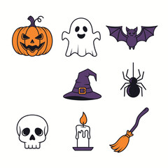 Obraz premium Halloween icons pumpkin ghost bat witch hat spider skull candle broom