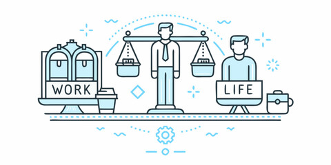 Fototapeta premium Balance scale illustration comparing work and life blue line art