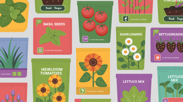 Colorful seed packet collection with vegetables and flowers gardening and organic farming illustration set