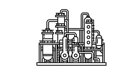 Naklejka premium Industrial plant illustration in black and white with pipelines and tanks