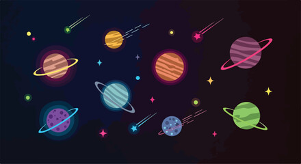 Colorful cartoon planets and stars in space © Ridho