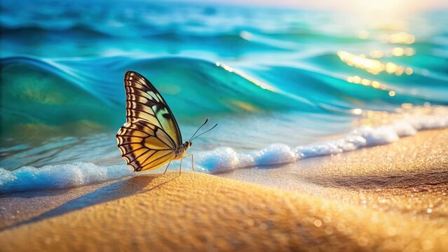 A delicate Butterfly Prepona Laerte perched on a warm golden sand dune with crystal clear turquoise water waves gently lapping at its feet , beach, serene