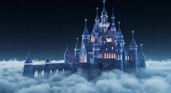 Ilustra&ccedil;&atilde;o fant&aacute;stica de um majestoso castelo acima das nuvens em um c&eacute;u noturno.