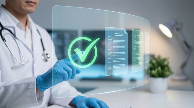 Medical check online with doctor using digital checklist to diagnose and record patient information in OPD for accurate healthcare service