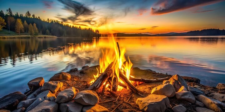 Golden light dancing across rippling lake waters at dusk as a campfire crackles in the background, wilderness, flames