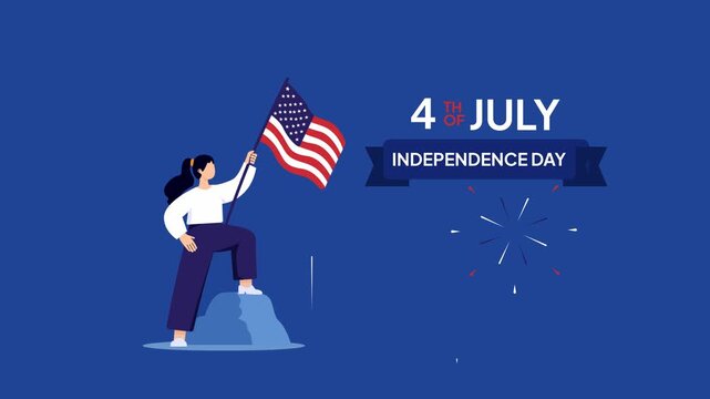 Video animation motion graphic of woman waving American flag with fireworks 2D flat cartoon stock footage 4K high quality