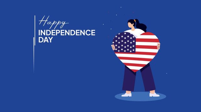 Video animation motion graphic of woman holding heart shaped USA flag symbol 2D flat cartoon stock footage 4K high quality
