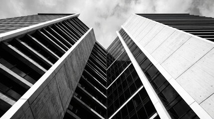 Fototapeta premium Modern skyscraper architecture in black and white, low angle view of corporate office building towers against cloudy sky, minimalist urban glass and concrete facade for business background.