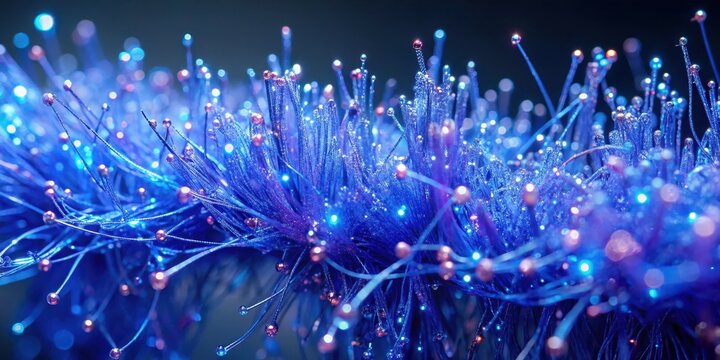 Dense clusters of blue violet microscopic fibers suspended in a transparent medium with subtle shimmering effects , cluster