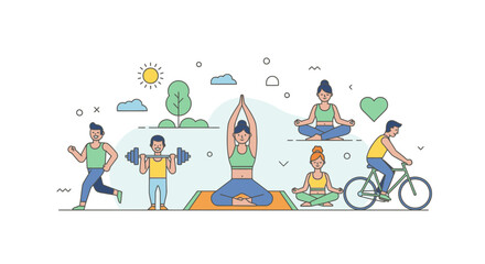 Fototapeta premium People engaging in various fitness activities in a line art style