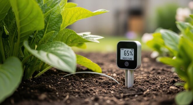 Smart garden sensor measuring soil moisture percentage near lush green plants outdoors